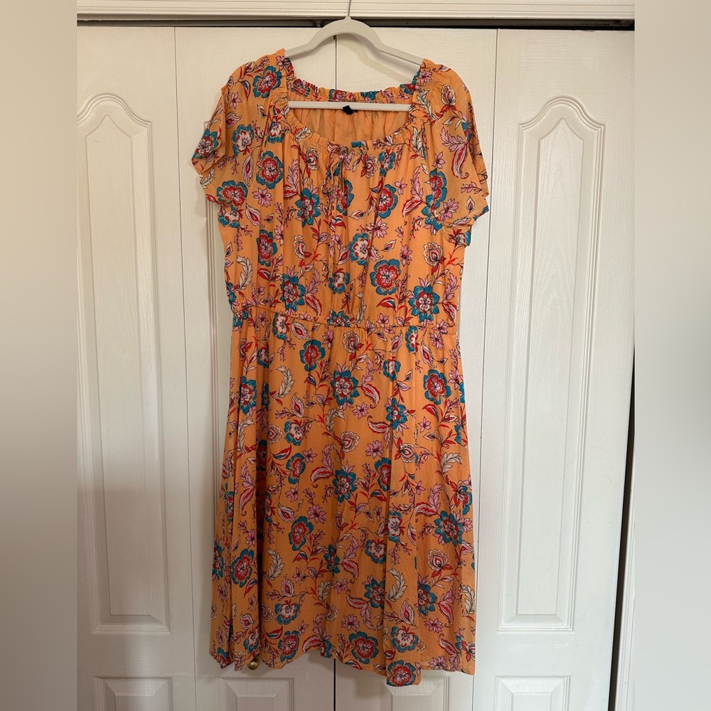 Talbots Peach Cotton Poplin Floral Short-Sleeve Midi Dress
